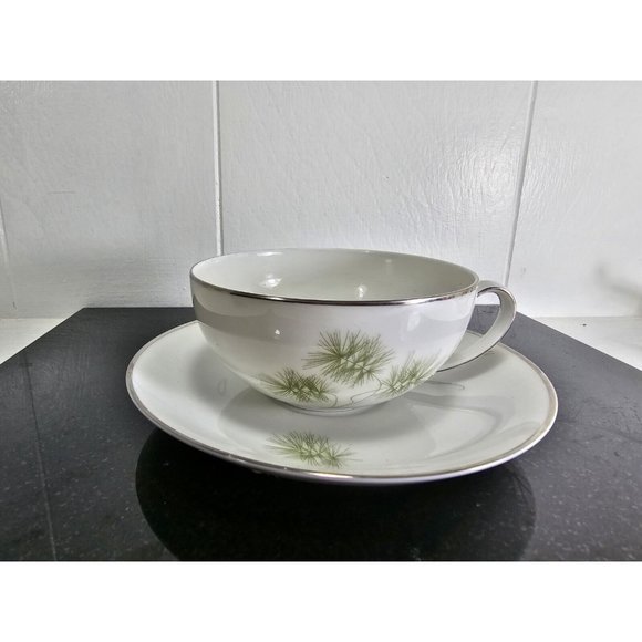 Vtg MCM Vita Craft Bavarian Fine China Greenbriar Cup and Saucer White Silver - Picture 2 of 5